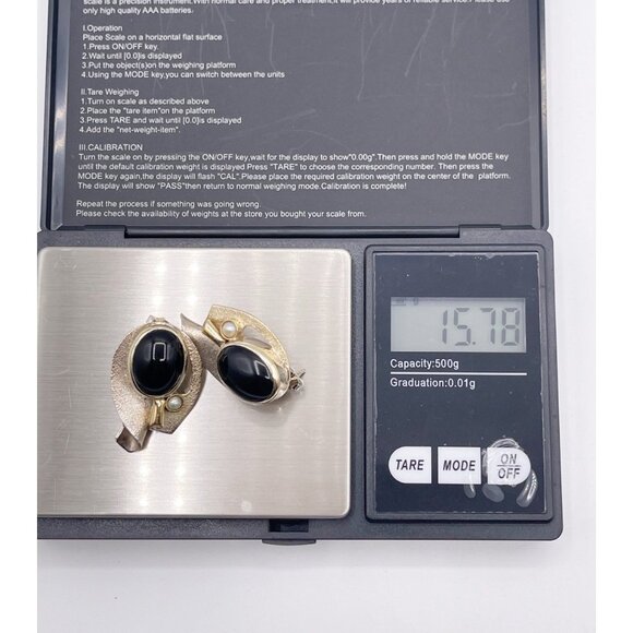 VTG Sterling Silver & Vermeil Modernist Earrings 925 Black Cabochon Faux Pearl - Picture 9 of 11